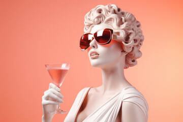 Fashion portrait of a beautiful woman in sunglasses with a glass of martini