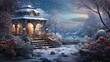  a painting of a snowy winter scene with a gazebo and steps leading up to a well lit gazebo.
