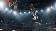 A basketball player in mid-air, executing a powerful dunk, captured against the backdrop of a buzzing arena