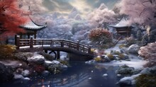  A Painting Of A Japanese Landscape With A Bridge Over A Stream And Trees With Red Leaves And Snow On The Ground.