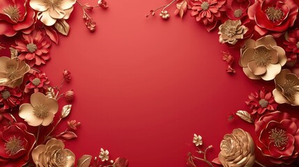 Cute red and gold Chineese floral frame background with copy space