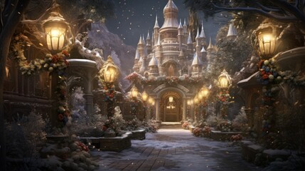 Poster -  a christmas scene with a castle in the middle of a snow covered forest and a walkway leading to a lit up entrance.