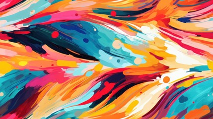 Poster -  a colorful abstract painting with lots of paint splattered on the bottom of the image and the bottom of the image.