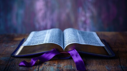 Wall Mural - Open bible with purple ribbon bookmark on Ash Wednesday, ash cross visible on the page, feeling of devotion and quiet reflection