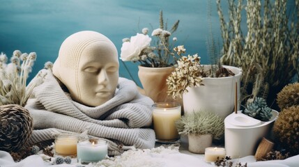 Canvas Print -  a mannequin's head is wrapped in a blanket and surrounded by candles and succulents.