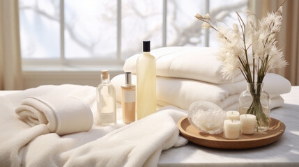 Poster -  a table topped with lots of white towels next to a vase of flowers and a bottle of lotion on top of a table.