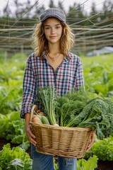 Wall Mural - Young woman farmer with wavy hair in plaid shirt holds basket of vegetables in the field