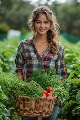 Wall Mural - Young woman farmer with wavy hair in plaid shirt holds basket of vegetables in the field