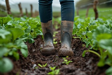 Wall Mural - Young farmer wearing rubber boots standing in farm