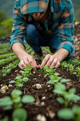 Wall Mural - Young farmer planting seedlings in farm