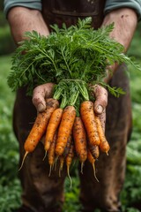 Wall Mural - Hand of farmer holding carrots at farm