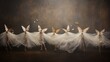  a group of ballet dancers in white tulle skirts with butterflies on their wings, in front of a dark background.