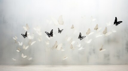 Poster -  a group of black and white butterflies flying in the air in front of a frosted glass wall in a room.