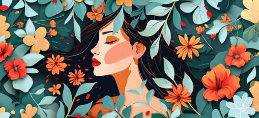 Wall Mural - Illustration of woman surrounded by floral pattern. Art and nature.