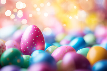 Wall Mural - Easter eggs with lights, sparkles and bokeh, soft focus. Easter Card