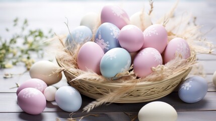 Poster -  a basket filled with pastel colored eggs sitting on top of a wooden table next to a sprig of grass.