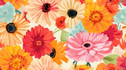 Poster -  a close up of a bunch of flowers on a white background with red, orange, yellow, and blue flowers.