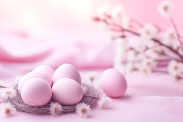 Wall Mural - Pink Easter eggs in nest with soft spring blossom flowers, soft focus. Easter Card