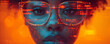 Close-up of a woman's face with glasses, orange background with numbers
