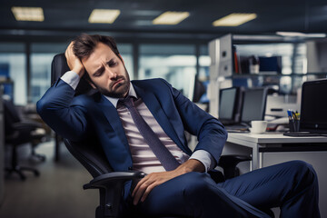 Focused architect holding his head, sights and closing eyes. Something got wrong.