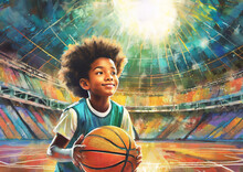 Hoop Dreams. African American Boy With Big Dreams And Ambition To One Day Become A Professional Basketball Star. Concept Art Of An Inner City Boy Preparing For Greatness As He Practices And Dreams Big