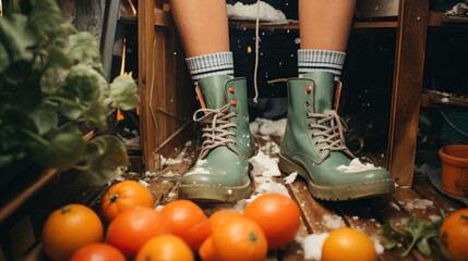 Wall Mural -  a pair of green boots sitting on top of a pile of snow next to oranges and a potted plant.