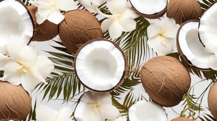 Poster -  a bunch of coconuts and coconut leaves on a white surface with white flowers and palm leaves on the side.