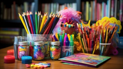 Sticker -  a wooden table topped with lots of different colored pencils and a jar filled with markers and crayons.