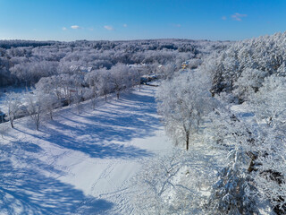 Canvas Print - Weston Lanson Park aerial view in winter in historic town center of Weston, Massachusetts MA, USA.  