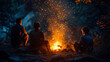 Camping Harmony: A family gathered around a crackling campfire, silhouetted against a canopy of stars in a dark but peaceful forest. 