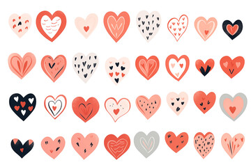 Wall Mural - Set of different hearts and plants isolated on white background. Clipart bundle, hand drawn set
