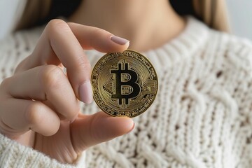 ビットコインを手に持つ日本人女性（仮想通貨・投資・取引）