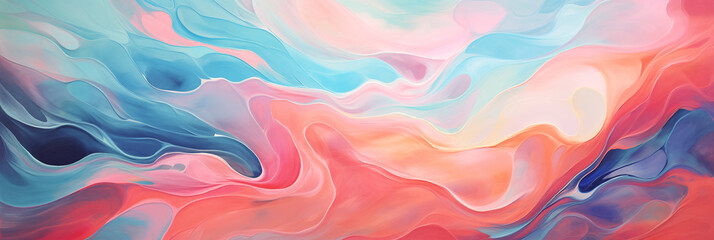 Wall Mural - Abstract pastel background banner, art painting illustration, watercolor swirl waves. Panoramic web header with copy space. Wide screen wallpaper