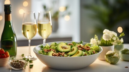  a salad with avocado, lettuce and nuts in a bowl next to two glasses of wine.