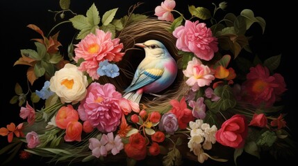 Canvas Print -  a painting of a bird sitting on top of a nest surrounded by pink, yellow, and red flowers on a black background.