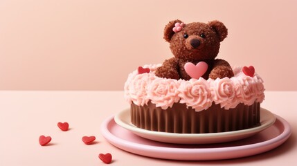 Sticker -  a teddy bear sitting on top of a chocolate cupcake with pink frosting and a heart on the top.