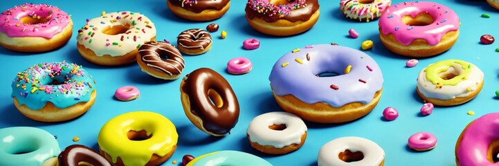 Wall Mural - Delicious colorful donuts on a pastel blue background. Tasty dessert food for coffee break concept in minimalism style. Wide screen wallpaper. Panoramic web banner with copy space for design.