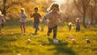 Children participating in an Easter egg roll on a sunlit lawn, the colorful eggs gliding across the grass as the HD camera captures the competitive yet fun-filled moments