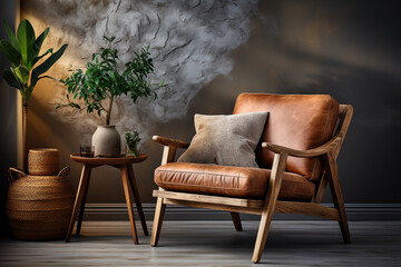 Canvas Print - Fashionable armchair against the background of a stone wall. Interior design of a modern living room.