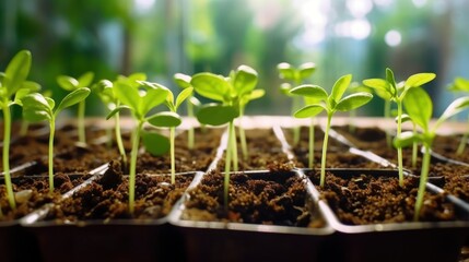 Poster -  a close up of a group of plants in trays with dirt on the ground and trees in the background.