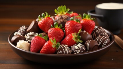 Sticker -  a bowl full of chocolate covered strawberries with a cup of coffee in the backgrouf of the bowl.