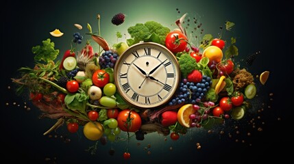 Wall Mural -  a clock surrounded by fruits and vegetables on a dark background with a splash of water on the bottom of the clock.