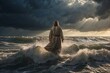 A young man in the likeness of Jesus Christ walks on the sea against the sun and sky