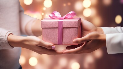 Sticker -  a woman's hands holding a pink gift box with a pink ribbon and a pink bow on the top.