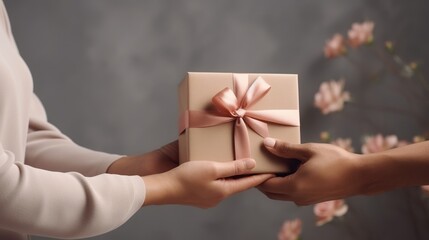 Poster -  a close up of a person giving a gift to another person with a pink ribbon on a gray background with pink flowers.