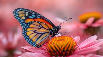 Wall Mural -  a close up of a butterfly on a flower with pink and yellow flowers in the background and a blurry sky in the background.