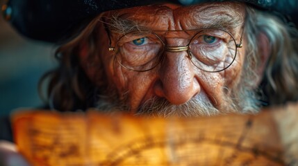 Wall Mural -  a close up of an old man wearing glasses and a hat looking at a piece of paper with writing on it.