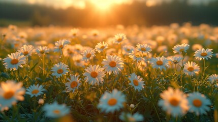 Sticker -  a field full of white daisies with the sun setting in the distance in the distance in the background is a field of grass with yellow and white daisies in the foreground.