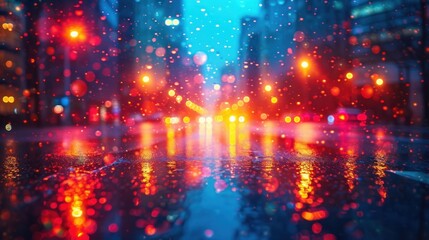 Sticker -  a city street at night with a lot of traffic lights and raindrops on the windshield of the car.