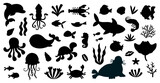 Fototapeta Pokój dzieciecy - Set of black silhouette isolated marine animals in cartoon style. Sea life, ocean design elements for printing, poster, card.